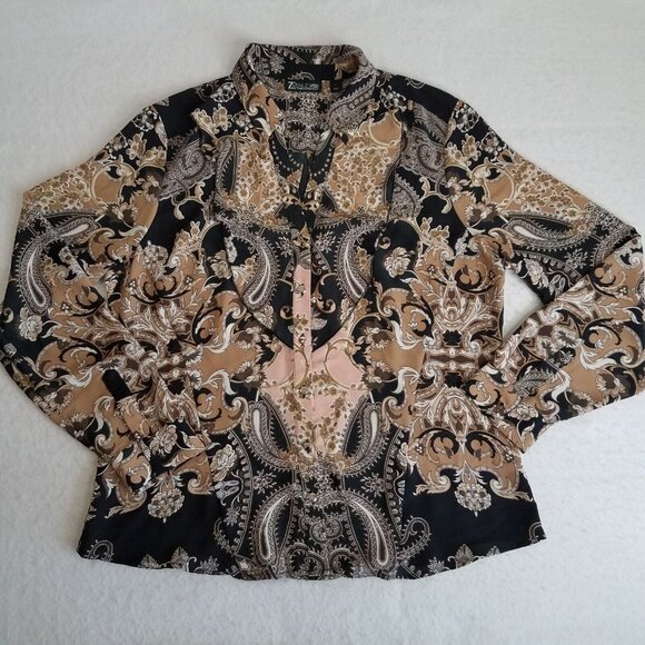 7th Avenue Paisley Blouse LARGE Black Brown Tan Pink Ruffle Button Front V Neck  - Picture 1 of 15